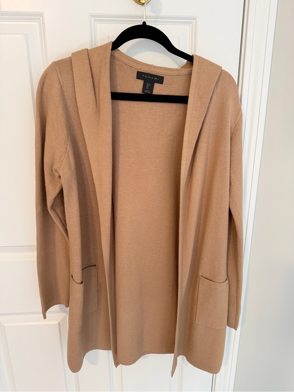 Tahari Camel Open-Front Hooded Cardigan